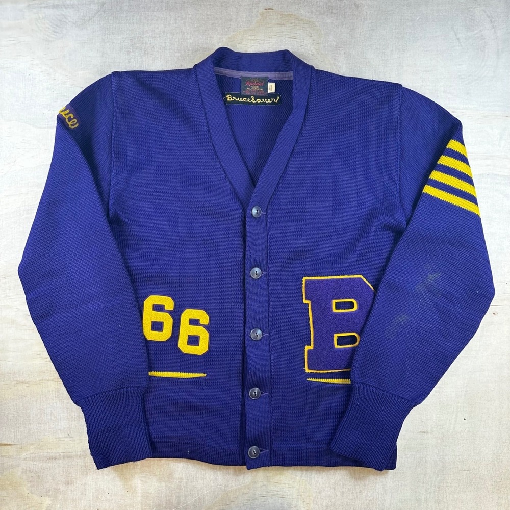 Vintage Kandel Wool Varsity Letterman Cardigan Purple Gold Wolf Patch 1966